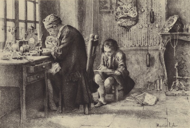 The Young Jean-Jacques Rousseau Reading While His Father Works (engraving) by Maurice Leloir