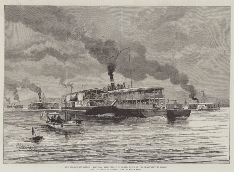 The Burmah Expedition, Flotilla, with Troops on Board, going up the Irrawaddy to Bhamo by Melton Prior