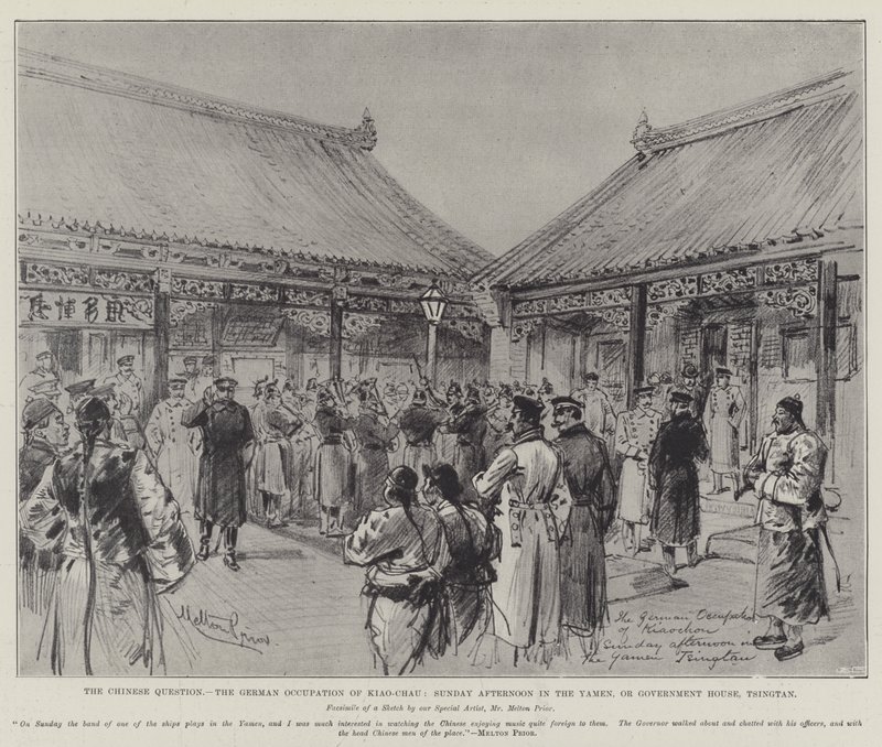 The Chinese Question, the German Occupation of Kiao-Chau, Sunday Afternoon in the Yamen, or Government House, Tsingtan by Melton Prior