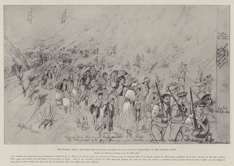 The Eastern Crisis, Refugees from Kandanos Escorted to the Ships by Bluejackets of the Combined Fleet by Melton Prior