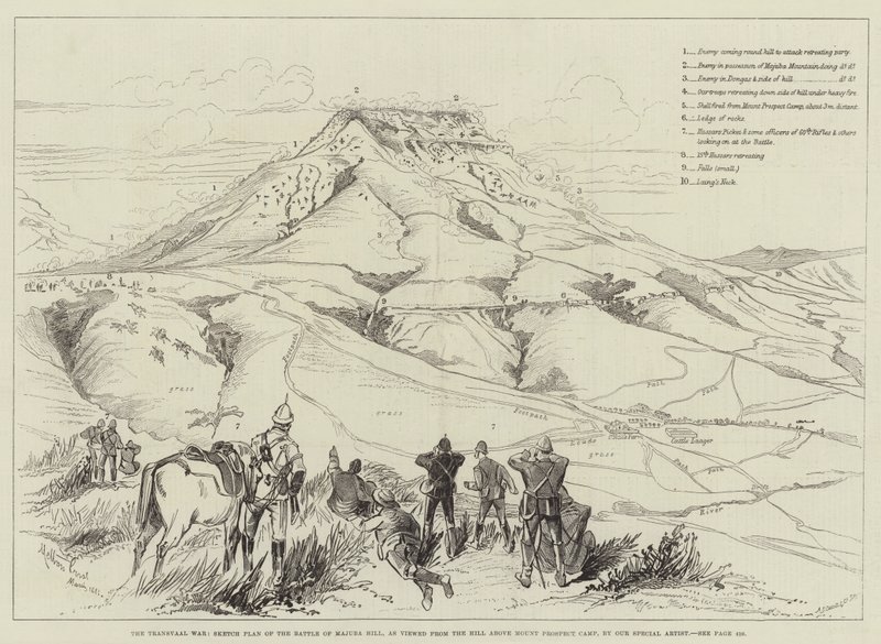 The Transvaal War, Sketch Plan of the Battle of Majuba Hill, as Viewed from the Hill above Mount Prospect Camp by Melton Prior