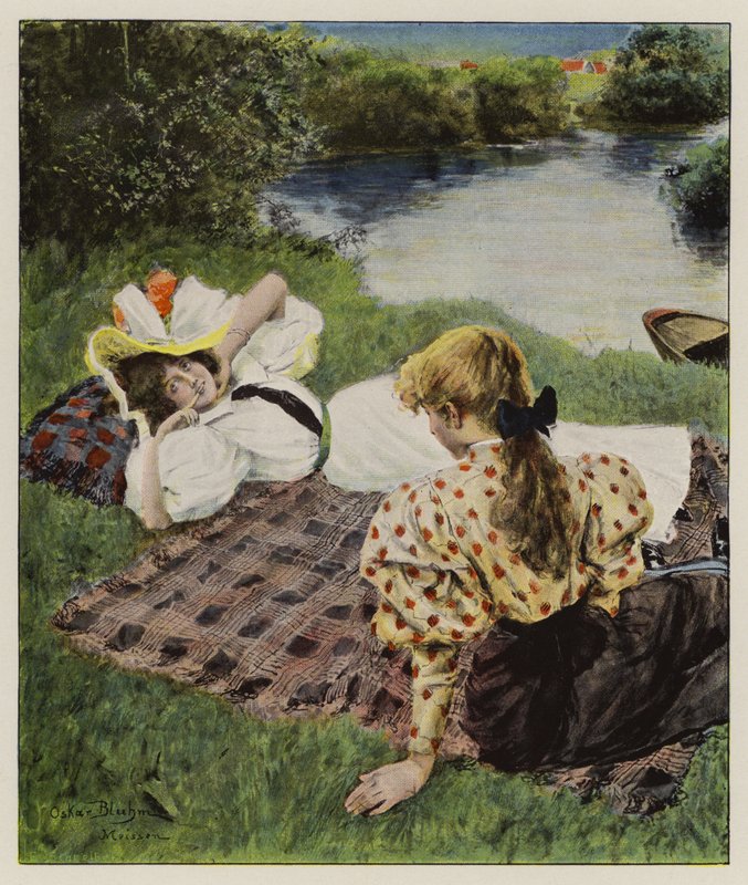 Two young women relaxing on a riverbank discussing being in love by Oscar Bluhm