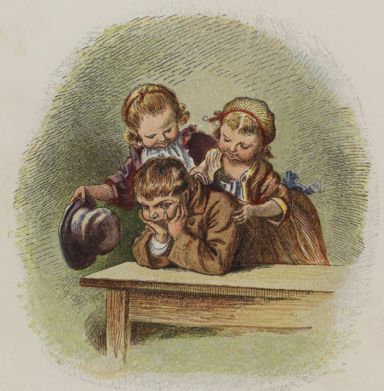 Two little girls trying to cheer up a grumpy boy by Oskar Pletsch