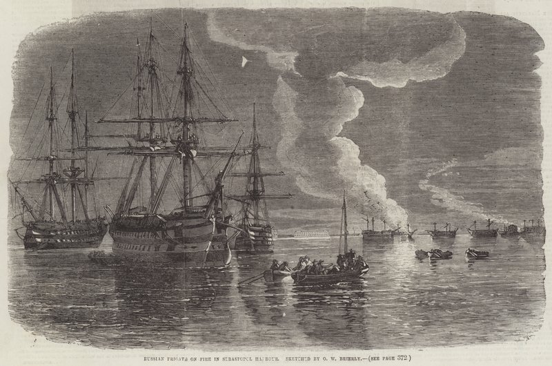 Russian Frigate on Fire in Sebastopol Harbour by Oswald Walters Brierly