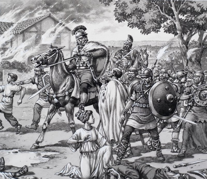 Barbarian Attack on the Romano British by Pat (1907-95) Nicolle