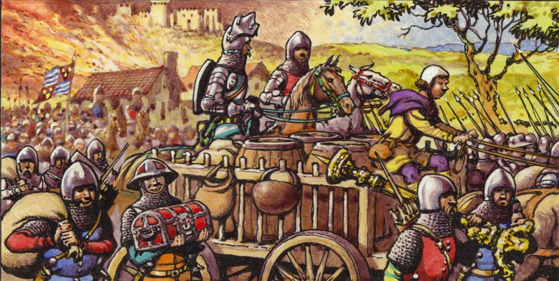Burning the Town of Bar-sur-Seine in 1359 by Pat (1907-95) Nicolle
