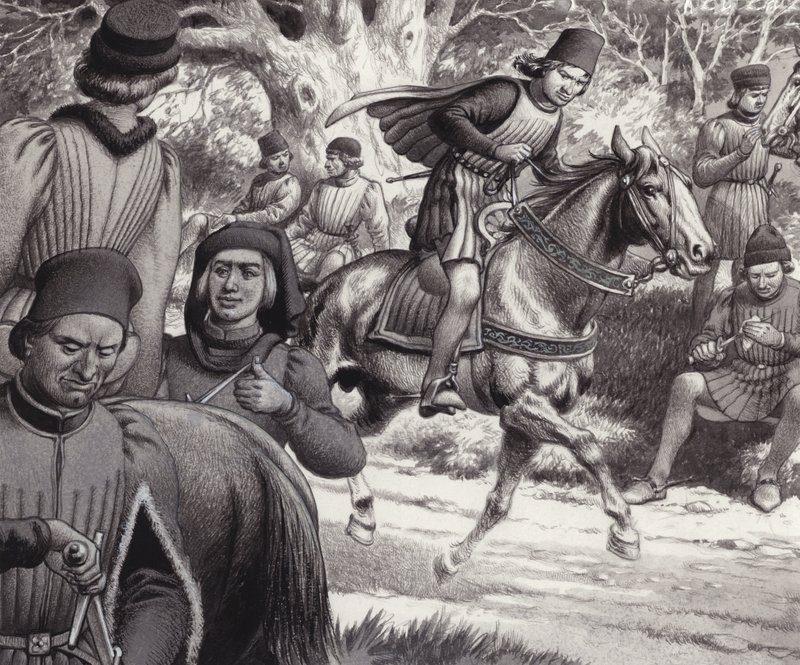 Conspirators look on as Lorenzo de Medici rides by by Pat (1907-95) Nicolle