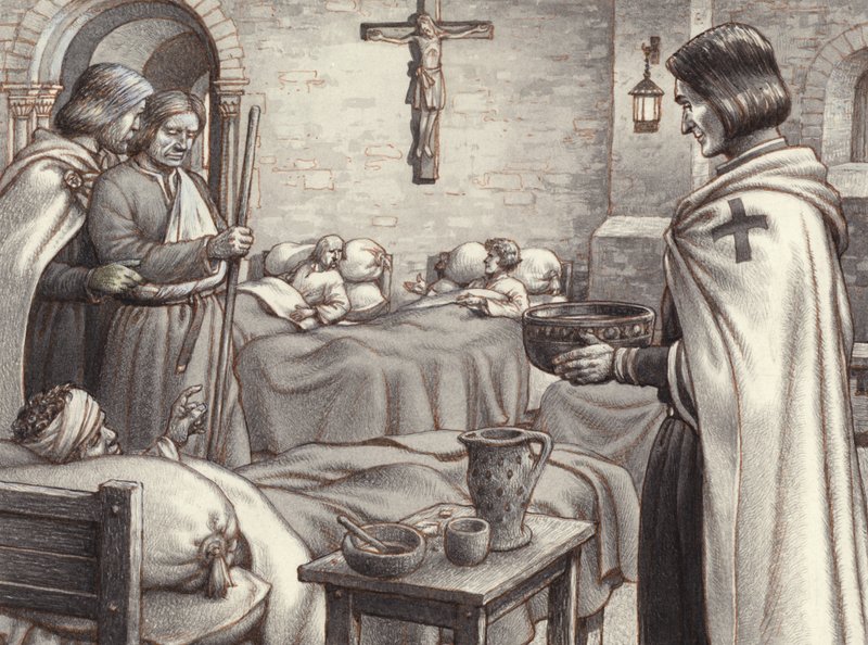 Godfrey de Bouillon Watches Benedictine Monks Caring for the Wounded by Pat (1907-95) Nicolle