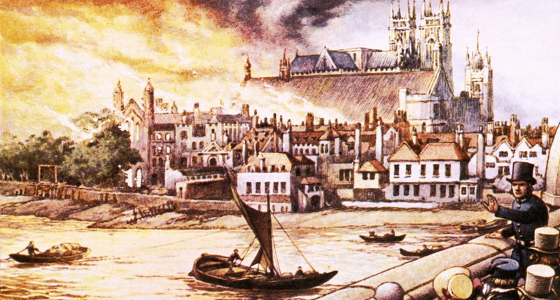 The Old Houses of Parliament Being Destroyed by Fire in 1834 by Pat (1907-95) Nicolle
