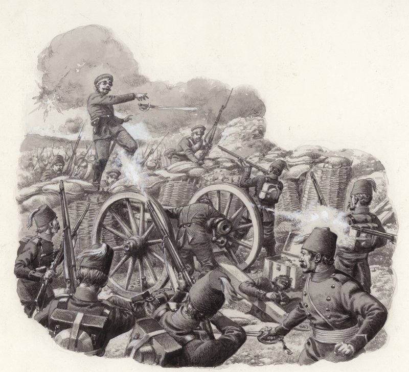 Turks Defend Their Battered Earthworks at the Grivitza Redoubt by Pat (1907-95) Nicolle