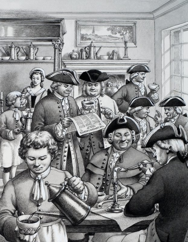 Typical London coffee house in the 18th century by Pat (1907-95) Nicolle