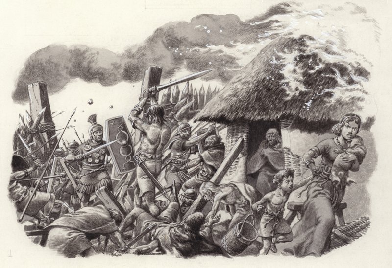 A Roman Legion Storms Maiden Castle by Pat (1907-95) Nicolle