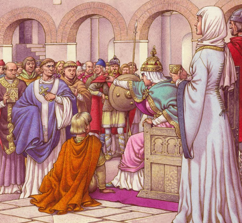 Brunehilda, queen of the Burgundians, expels Columbanus by Pat (1907-95) Nicolle
