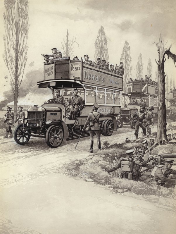 London Buses Used to Take Troops to the Front During WWI by Pat (1907 95) Nicolle