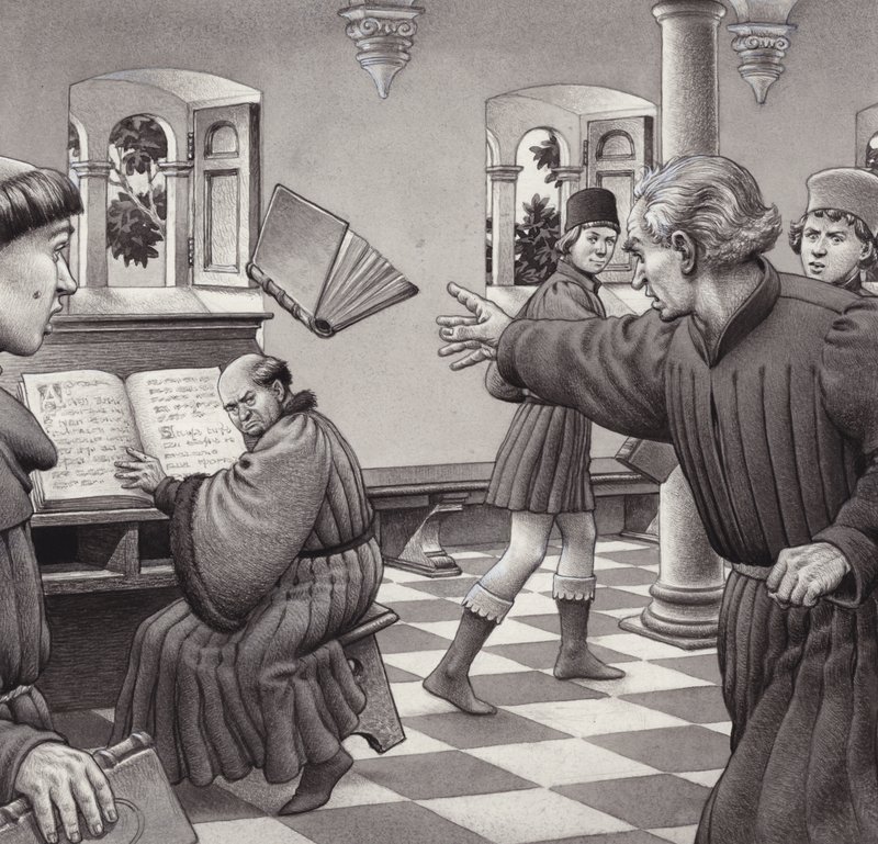 Poggio Bracciolini throws a book at a fellow scholar, Tortelli by Pat (1907 95) Nicolle