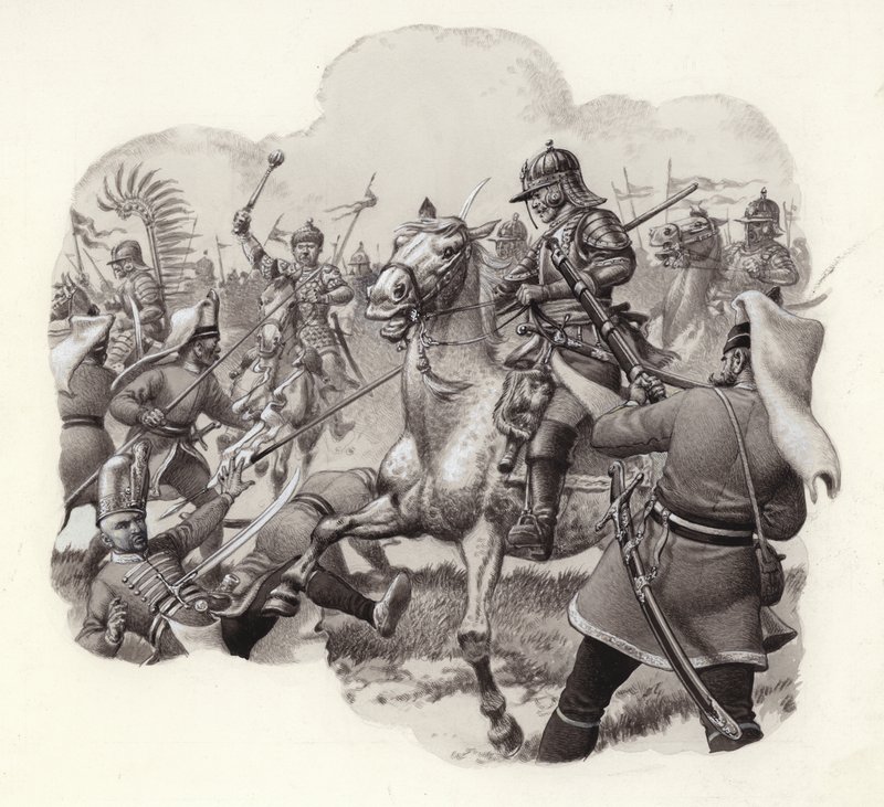 Polish Cavalry Battle Turkish Janissary Regiments at Vienna in 1683 by Pat (1907-95) Nicolle