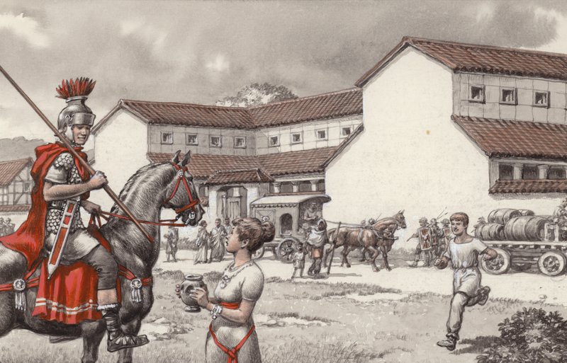 Post house in Roman Britain by Pat (1907-95) Nicolle