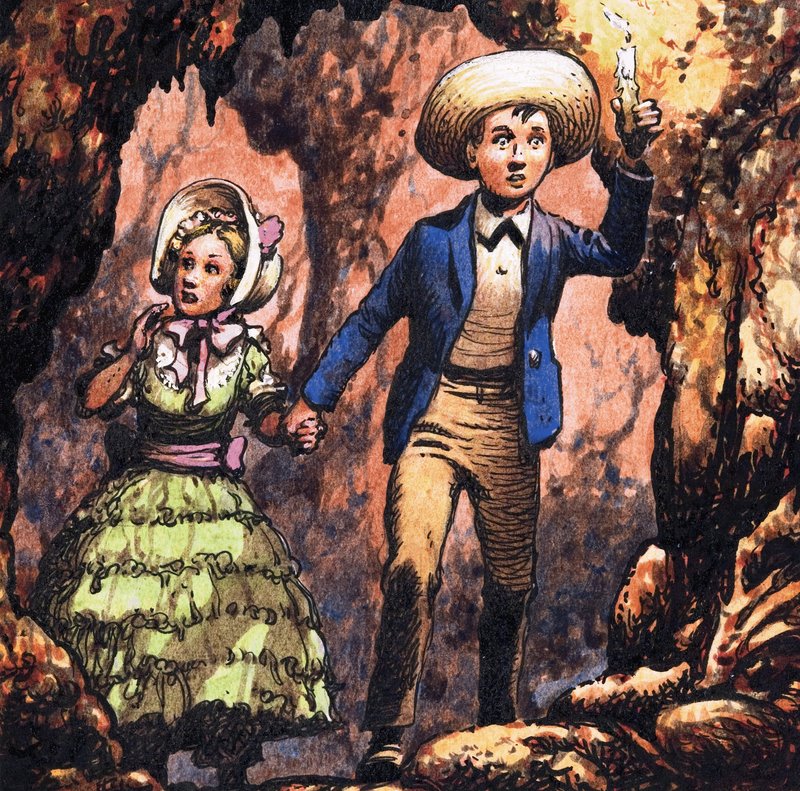 Unidentified boy leading girl through cave by candlelight by Pat (1907 95) Nicolle