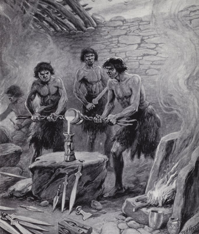 Men working in a foundry during the Bronze Age by Paul (after) Hardy