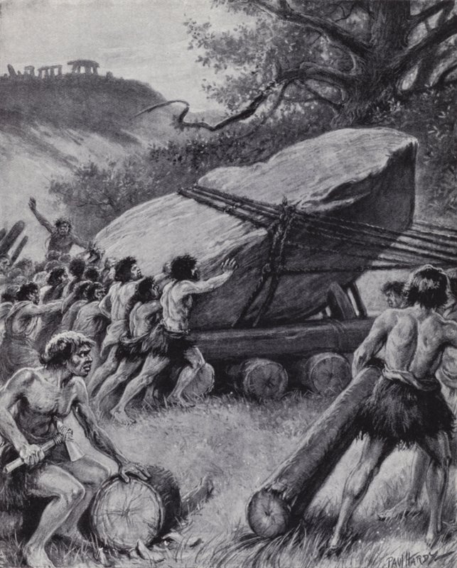 Paleolithic Men Moving a Giant Slab of Rock on Wheels (litho) by Paul (after) Hardy