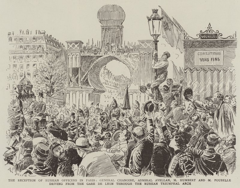 The Reception of Russian Officers in Paris, General Chanoine, Admiral Avellan, M Humbert and M Poubelle driving from the Gare de Lyon through the Russian Triumphal Arch by Paul Destez