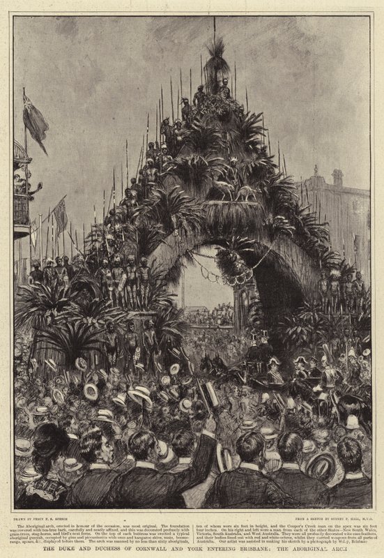 The Duke and Duchess of Cornwall and York entering Brisbane, the Aboriginal Arch by Percy F.S. Spence