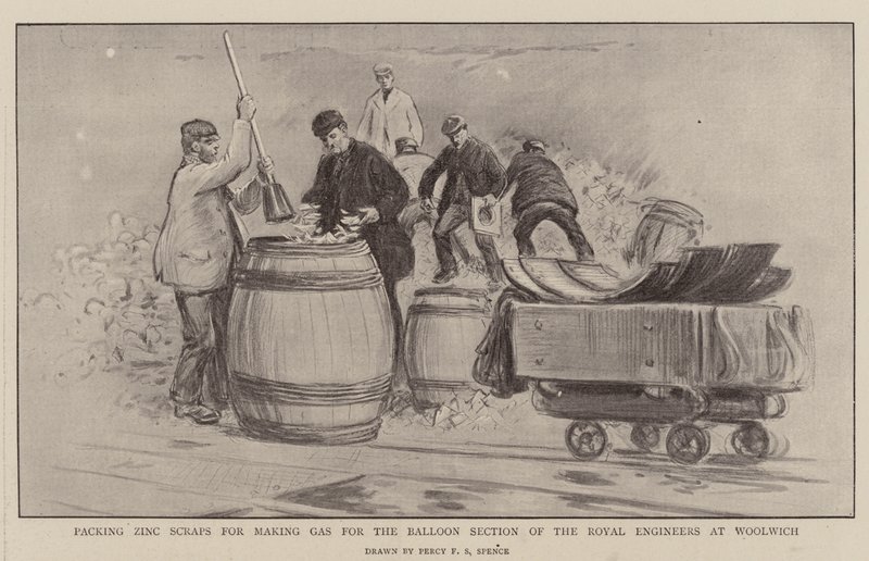 Packing Zinc Scraps for making Gas for the Balloon Section of the Royal Engineers at Woolwich by Percy F.S. Spence