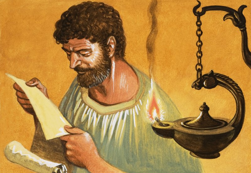 Let There Be Light! Greek man reading by lamp-light by Peter Jackson