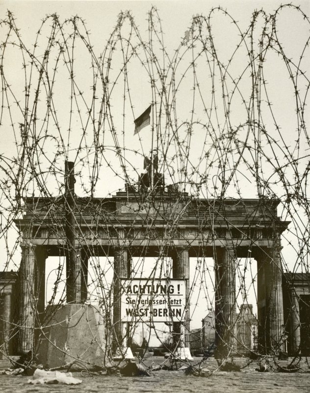 Barbed wire in front of the Brandenburg Gate, Berlin, Germany, during the Allied occupation of the city after World War II by Photographer German