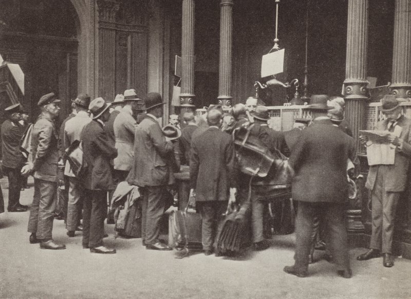 Hyperinflation in Weimar Germany: members of the public queuing outside the Reichsbank in Berlin with suitcases to carry their money, July 1923 by Photographer German