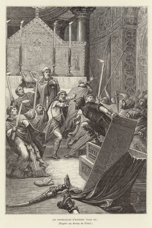 The Funerals of Hastings. Vikings attacking a French church at the funeral of their leader, Hasting, after he feigned death by Pierre Fritel