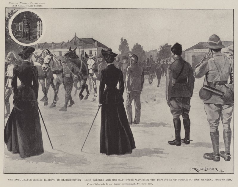 The Honourable Misses Roberts in Bloemfontein, Lord Roberts and his Daughters watching the Departure of Troops to join General Pole-Carew by Ralph Cleaver