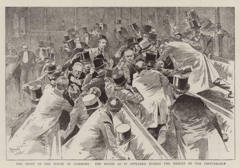 The Fight in the House of Commons, the House as it appeared during the Height of the Disturbance by Reginald Thomas Cleaver