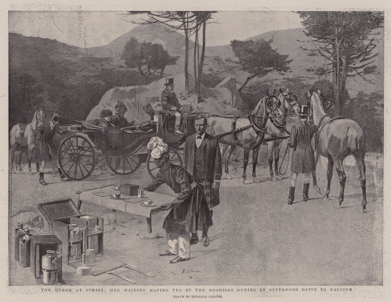 The Queen at Cimiez, Her Majesty having Tea by the Roadside during an Afternoon Drive to Falicon by Reginald Thomas Cleaver