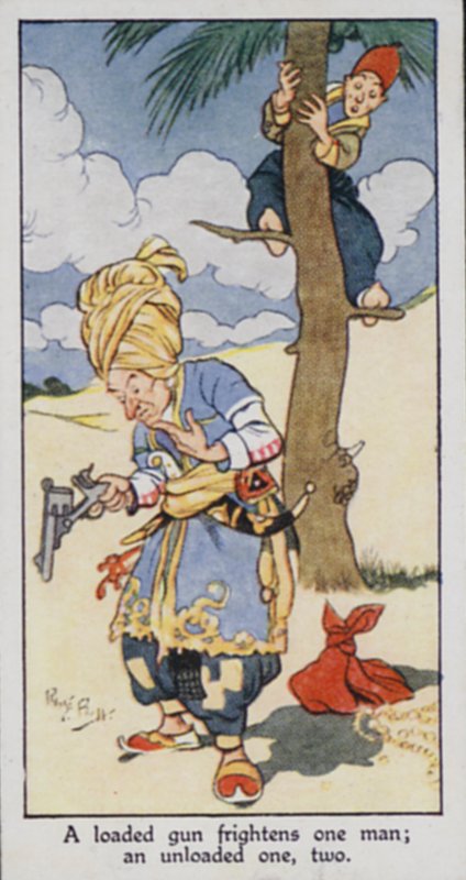 Eastern Proverb: A loaded gun frightens one man; an unloaded one, two by René Bull