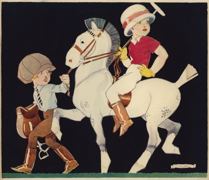 Boy on Polo Pony, Being Led by Stable Girl by Rene Vincent