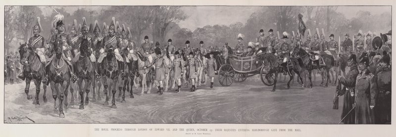 The Royal Progress through London of Edward VII and the Queen, 25 October, Their Majesties Entering Marlborough Gate from the Mall by Richard Caton Woodville junior