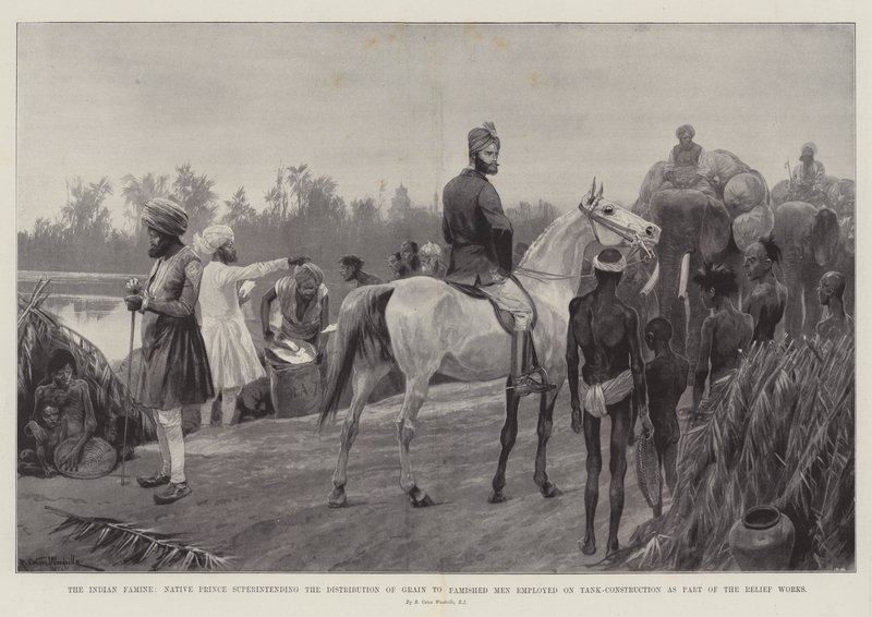 The Indian Famine, Native Prince superintending the Distribution of Grain to Famished Men employed on Tank-Construction as Part of the Relief Works by Richard Caton Woodville junior