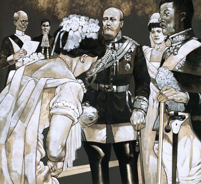 Surrounded by satin-breached Court officials, the young debutante made her deep curtsy to Their Majesties by Richard Hook