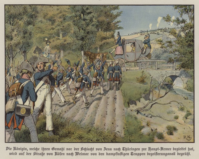 Prussian Soldiers Greeting Queen Louise of Prussia as She Passes Them on the Road from Kosen to Weimar by Richard Knotel