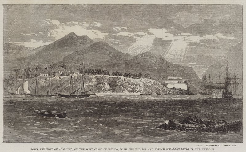Town and Fort of Acapulco, on the West Coast of Mexico, with the English and French Squadron Lying in the Harbour by Richard Principal Leitch