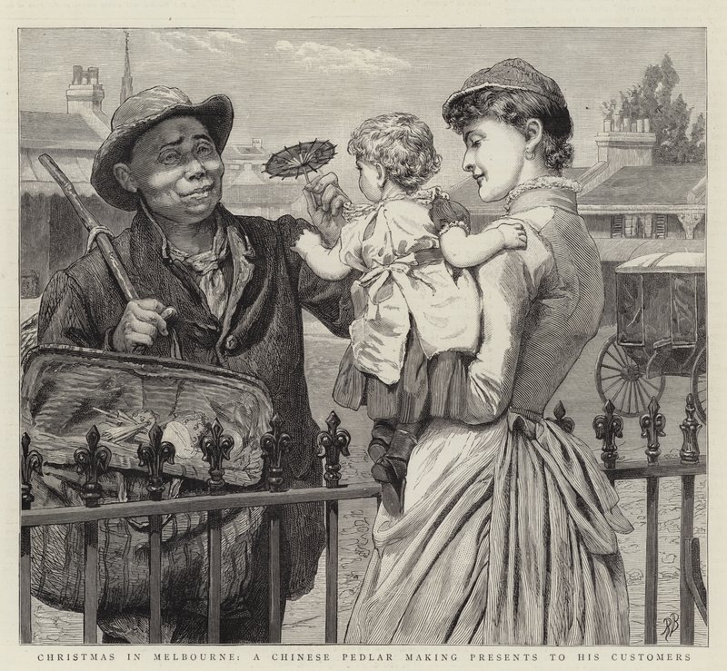 Christmas in Melbourne, a Chinese Pedlar Making Presents to his Customers by Robert Barnes
