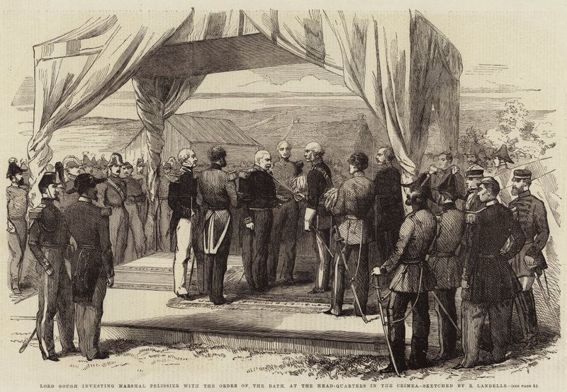 Lord Gough Investing Marshal Pelissier with the Order of the Bath, at the Head-Quarters in the Crimea by Robert Thomas Landells