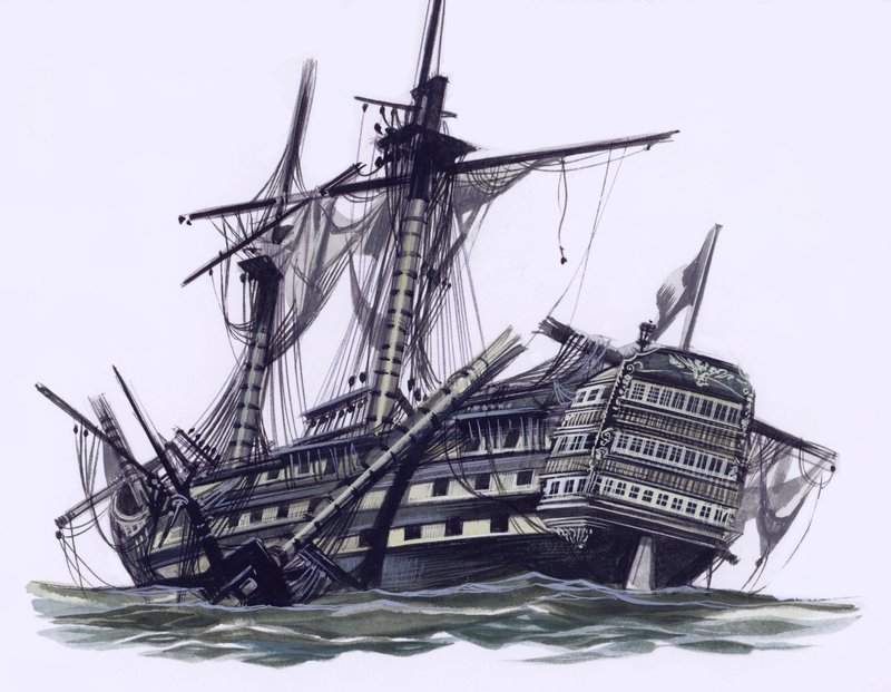 HMS Victory after the Battle Of Trafalgar, with mizzen topmast shot away by Ron Embleton
