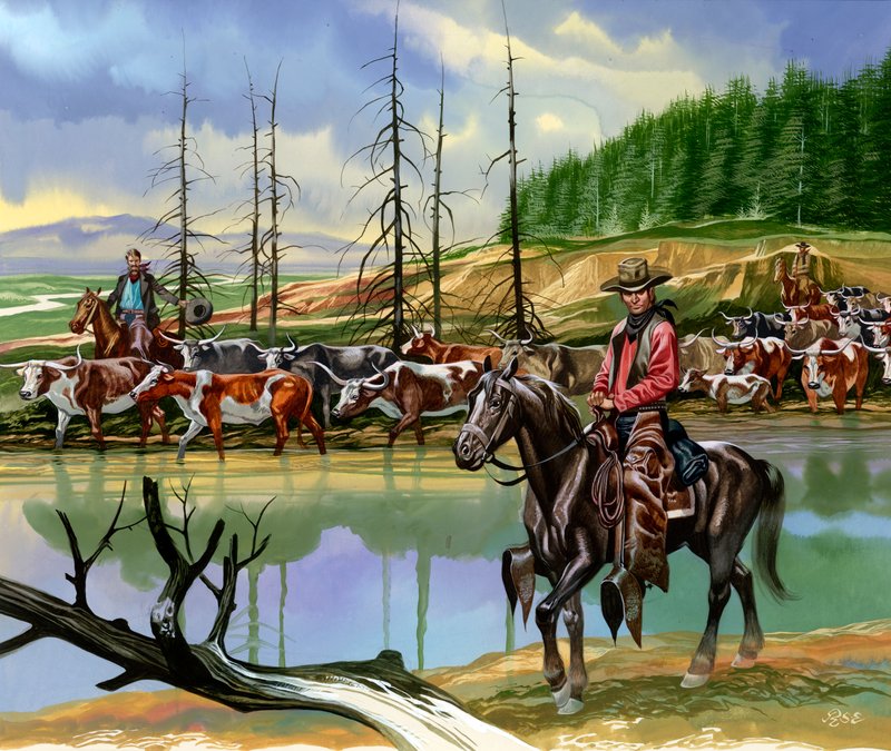 Texan Cowboys Driving Cattle North by Ron Embleton