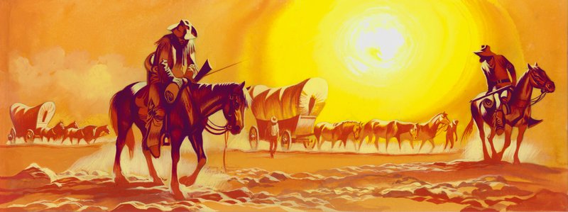 Wagon trail in the blistering heat by Ron Embleton