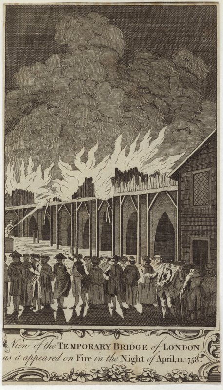 View of the temporary bridge of London as it appeared on fire on the night of 11 April 1758 by Samuel Wale