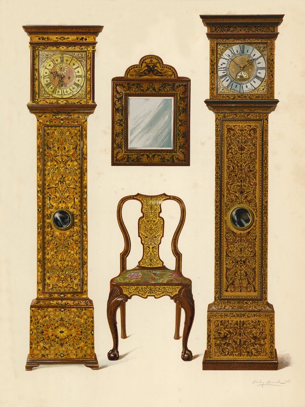 Clock Inlaid with Light Marqueterie, property of Percy Macquoid; Clock Inlaid with Dark Marqueterie, Victoria and Albert Museum; Walnut Chair Inlaid with Marqueterie; Mirror by Shirley Charles Llewellyn Slocombe