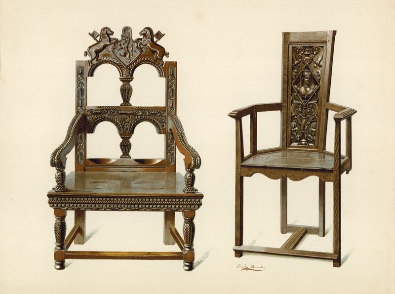 Oak Cacqueteuse Chair, property of Percy Macquoid; Yew Chair, property of the Duke of Leeds by Shirley Charles Llewellyn Slocombe