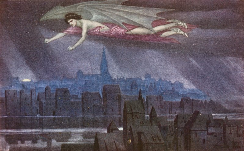 The Golden Legend: Lucifer flying over the city by Sidney Meteyard